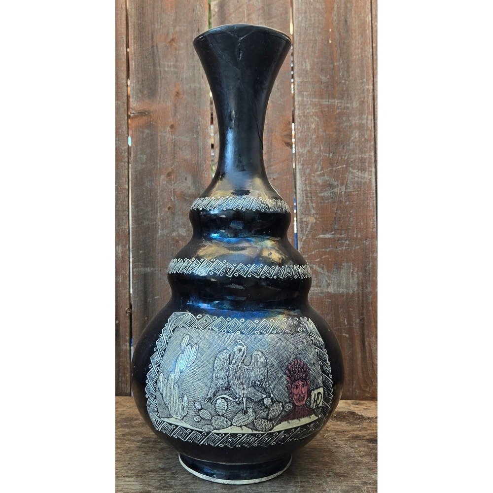 Mexican Folk Art Sgraffito Vase Black Double Gourd Eagle Cactus Aztec Warrior 21